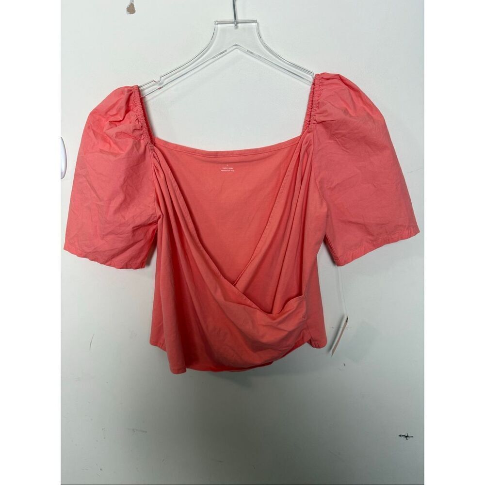 Anthropologie Puff Sleeve Draped Wrap Front Top L Coral Rose Square Neck 100% Co